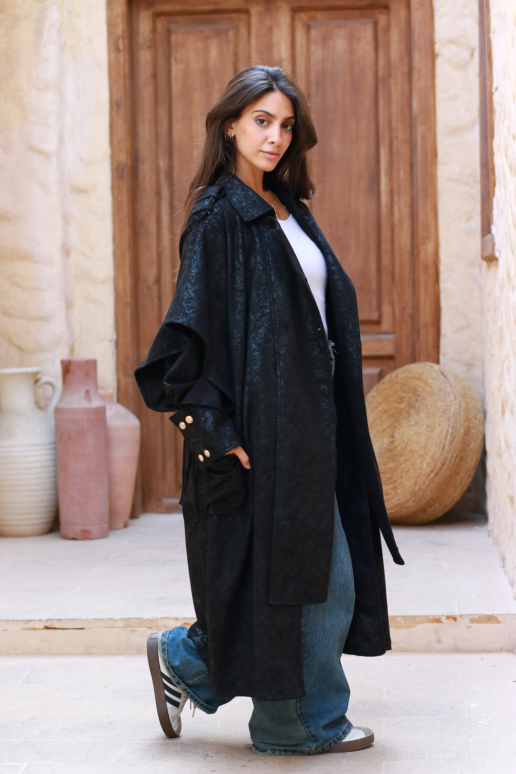 Oversized Elegant Long Drawstring Waist Double Breasted Front