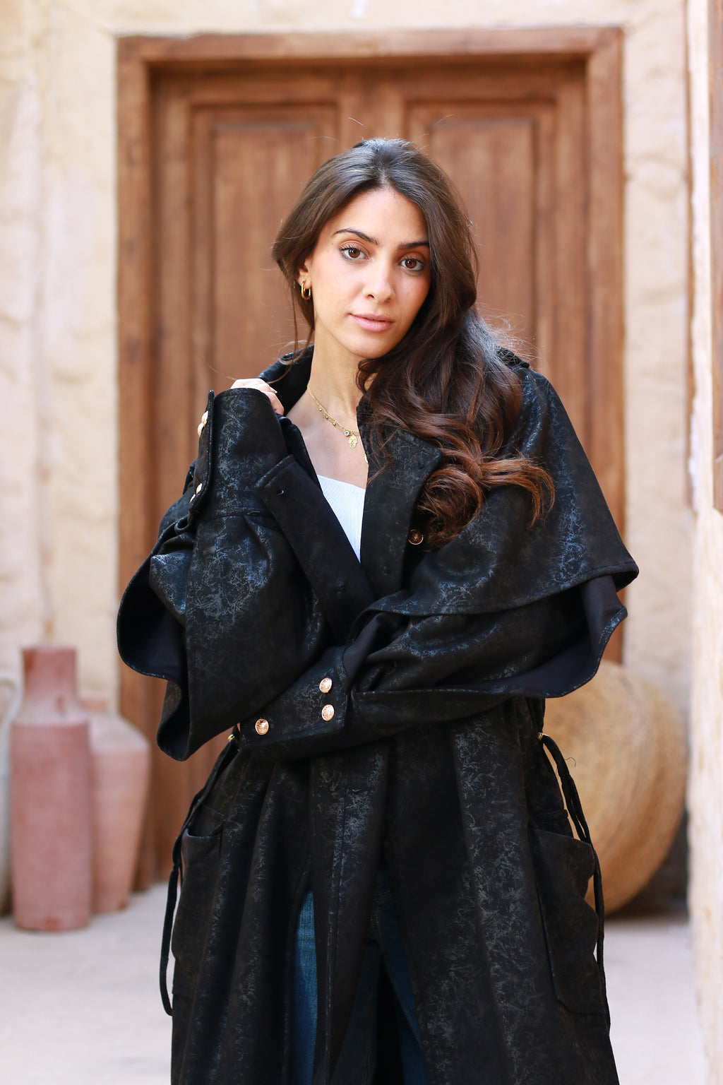 Oversized Elegant Long Drawstring Waist Double Breasted Front
