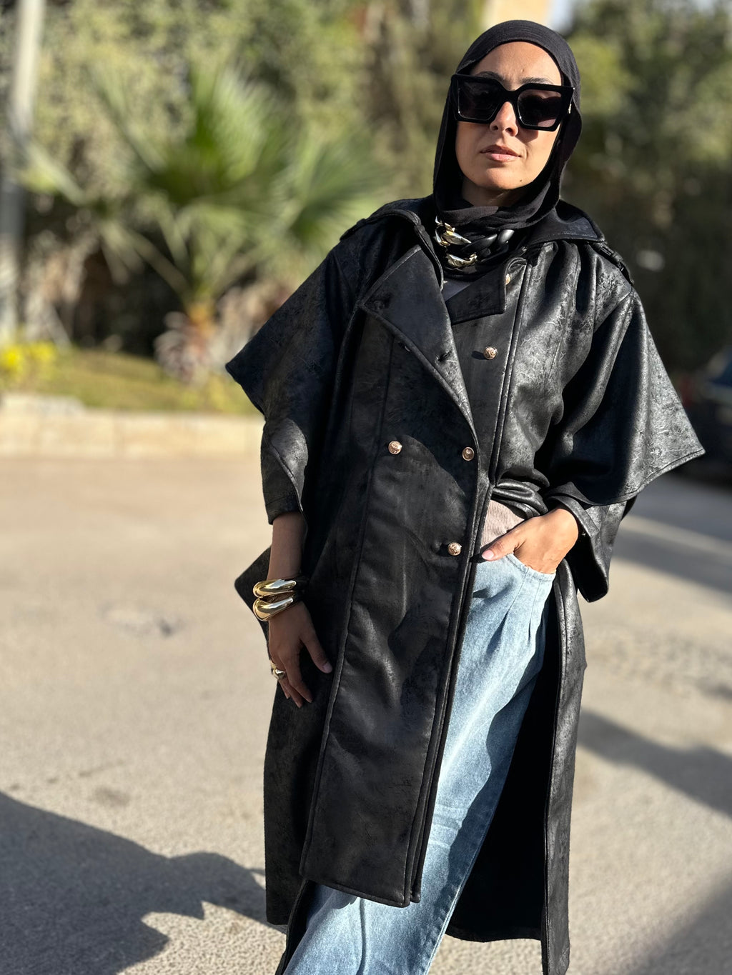 Oversized Elegant Long Drawstring Waist Double Breasted Front