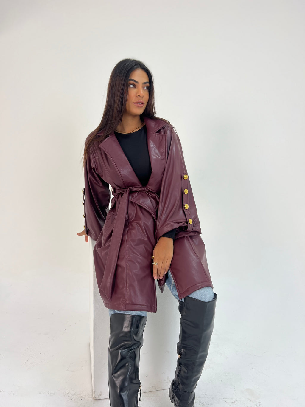 Burgundy Belted Cape Coat
