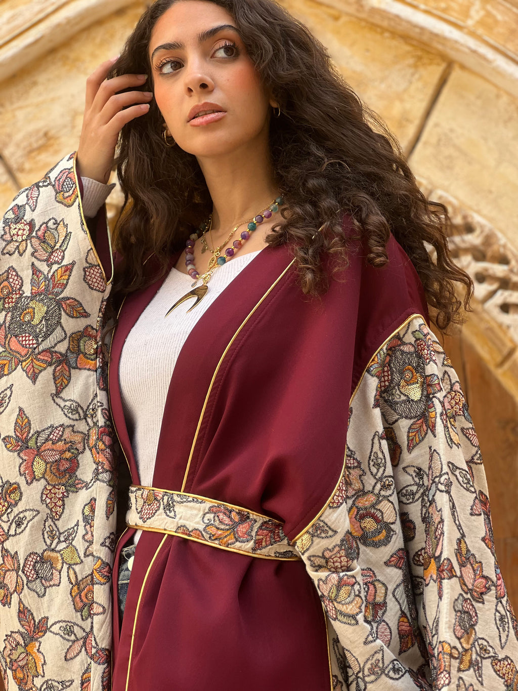 Burgundy Handmade Embroidered Kaftan ✨🌙