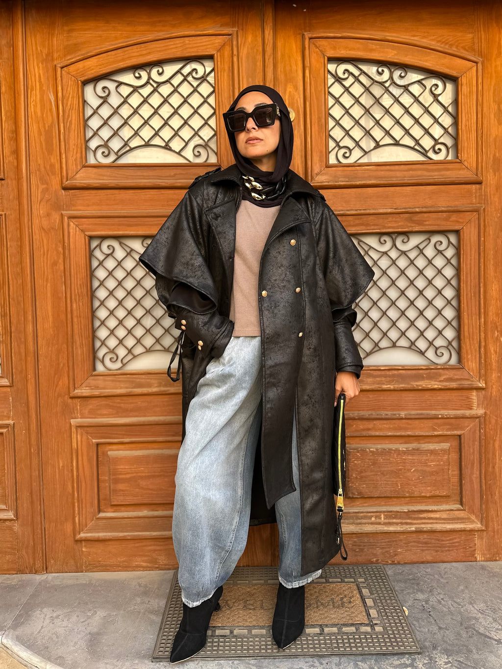 Oversized Elegant Long Drawstring Waist Double Breasted Front