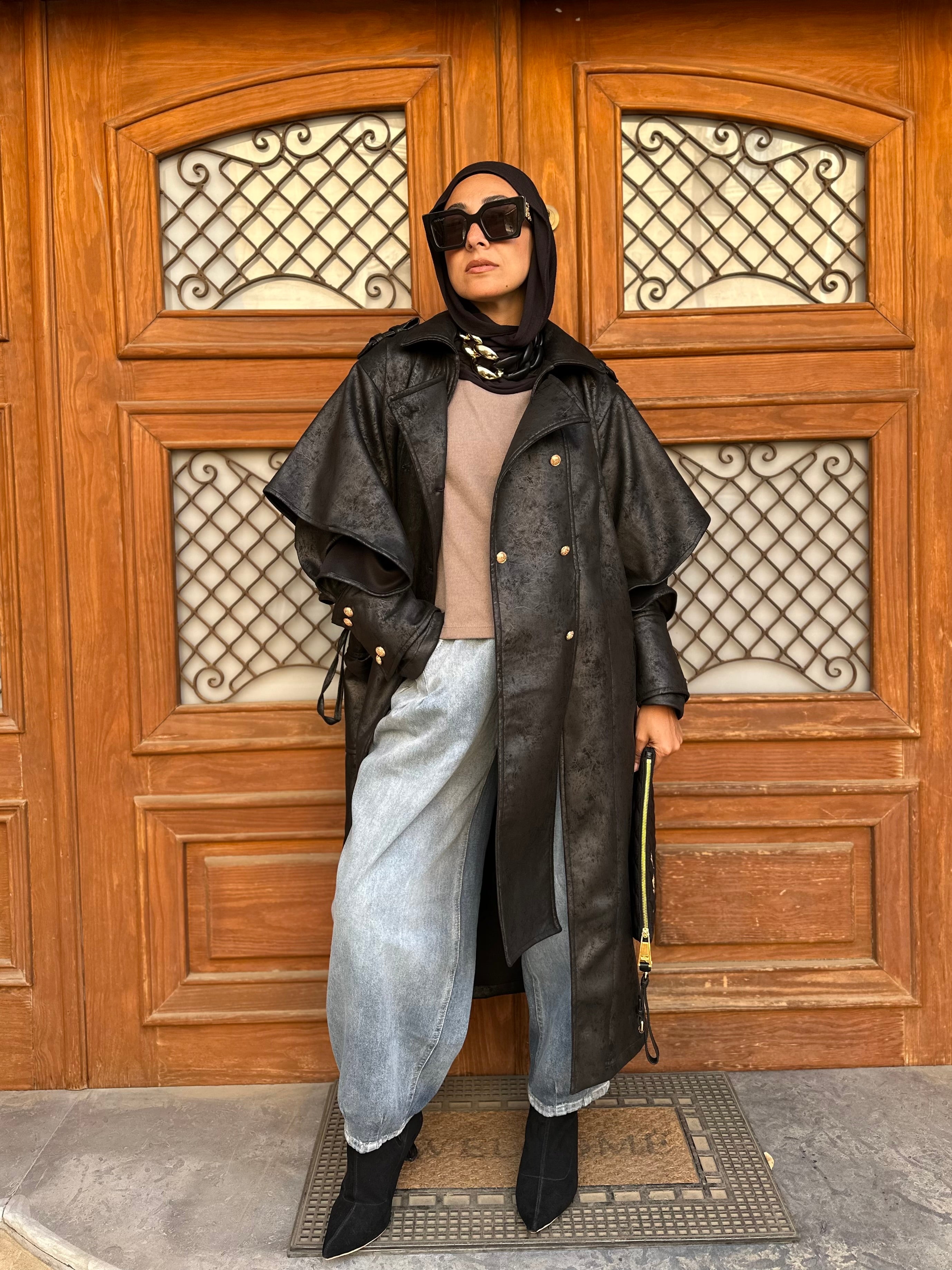 Oversized Elegant Long Drawstring Waist Double Breasted Front