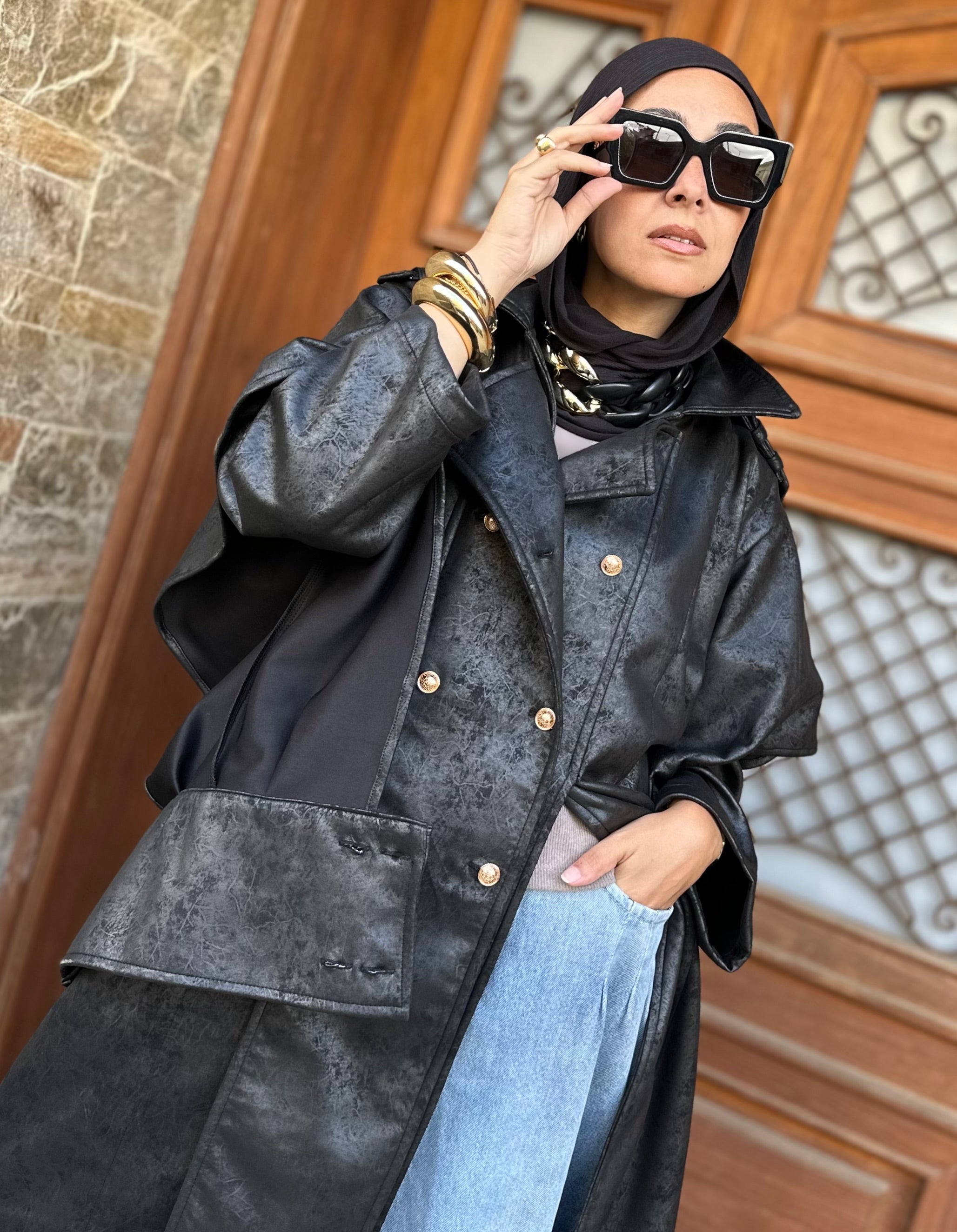 Oversized Elegant Long Drawstring Waist Double Breasted Front