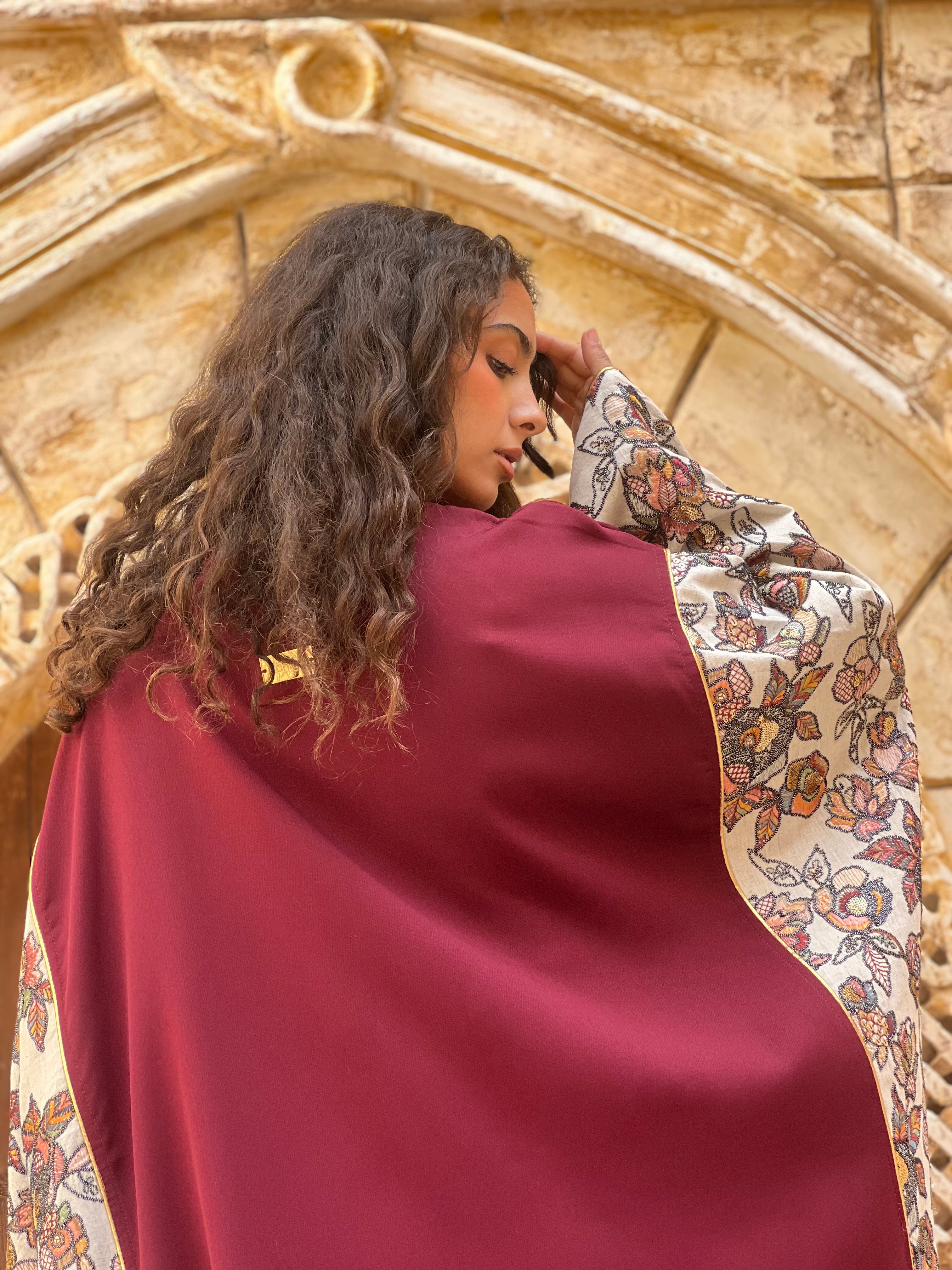 Burgundy Handmade Embroidered Kaftan ✨🌙