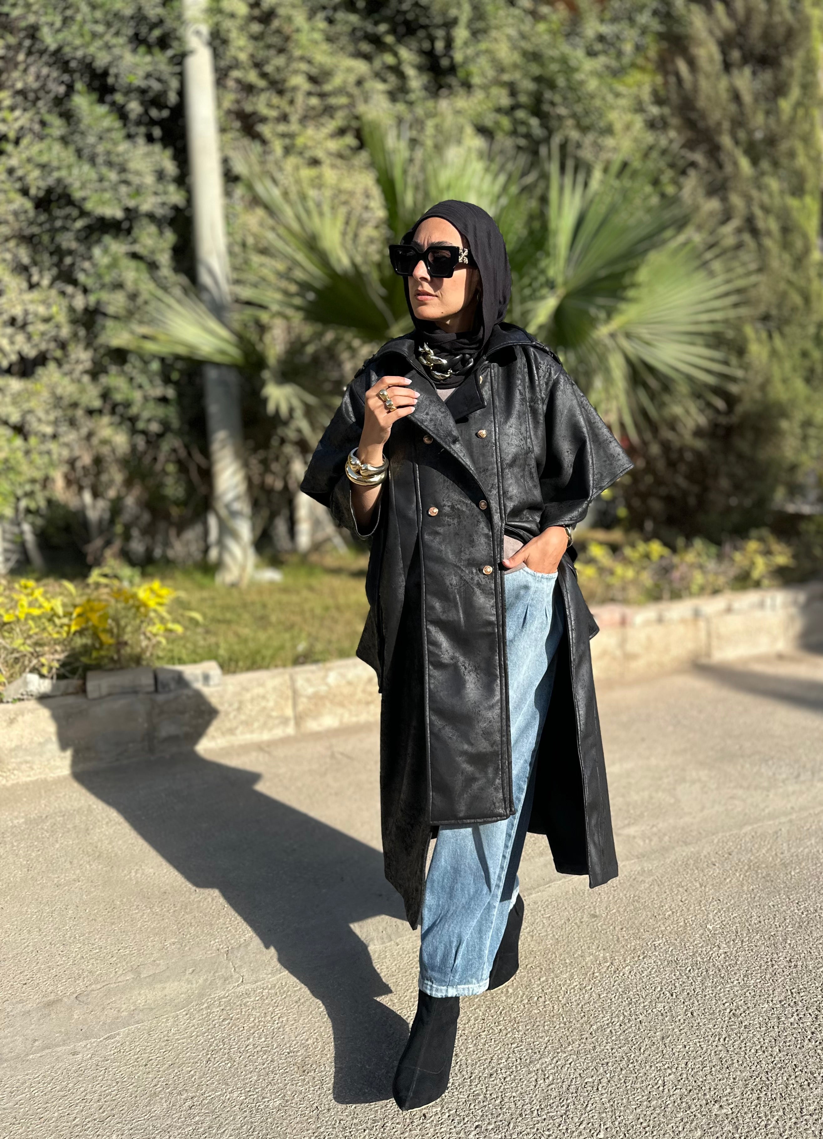 Oversized Elegant Long Drawstring Waist Double Breasted Front