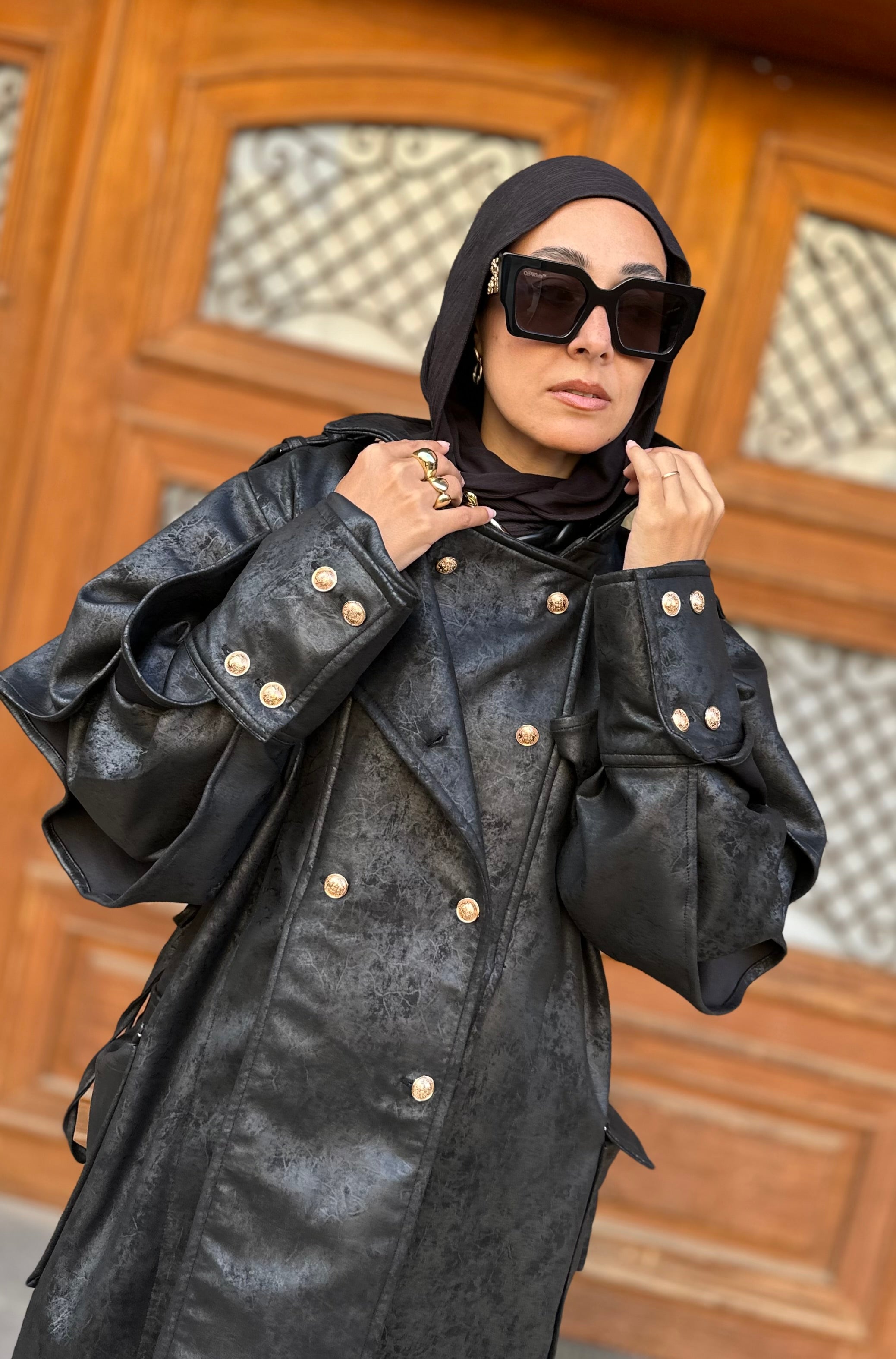 Oversized Elegant Long Drawstring Waist Double Breasted Front