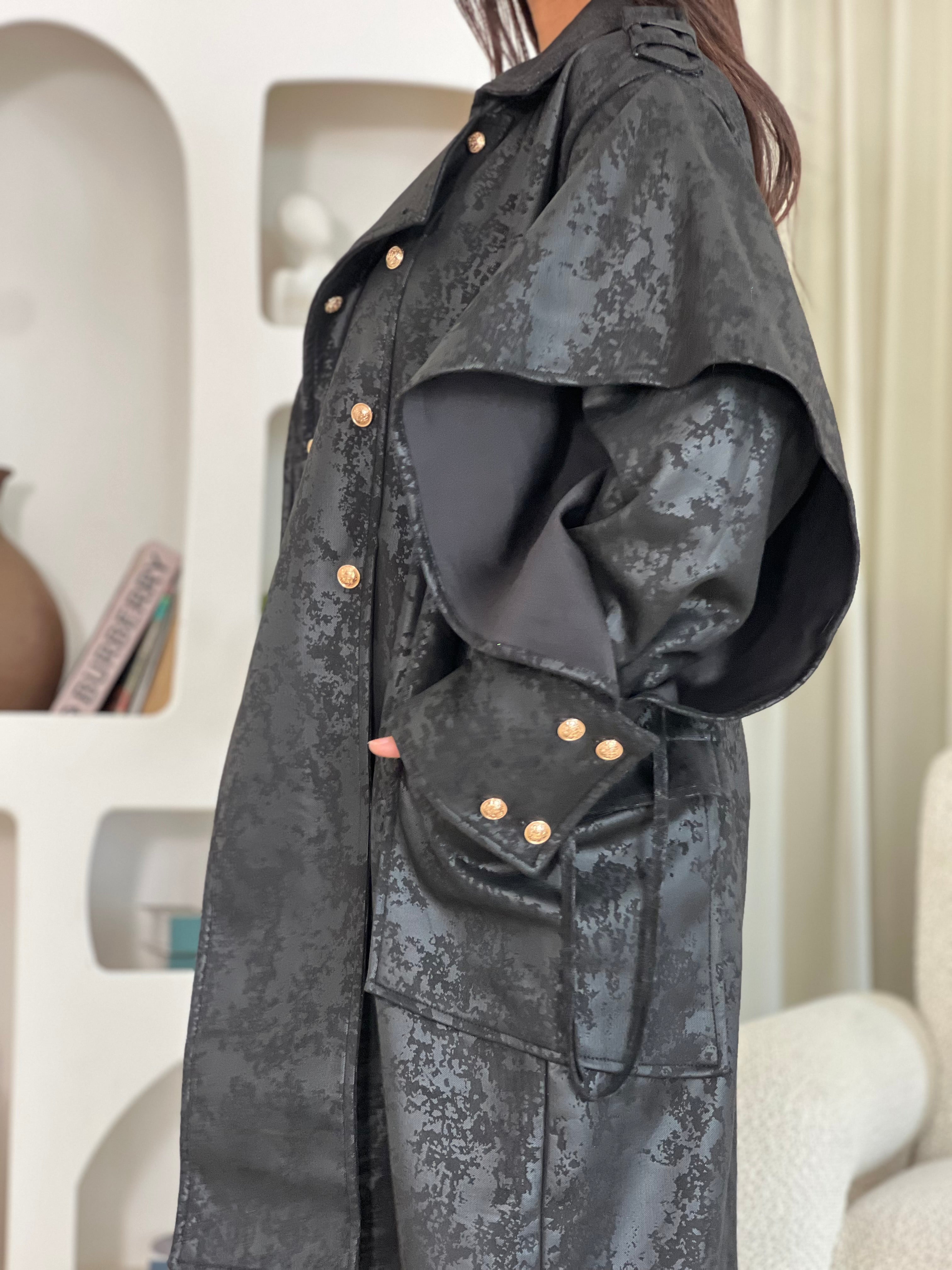 Oversized Elegant Long Drawstring Waist Double Breasted Front