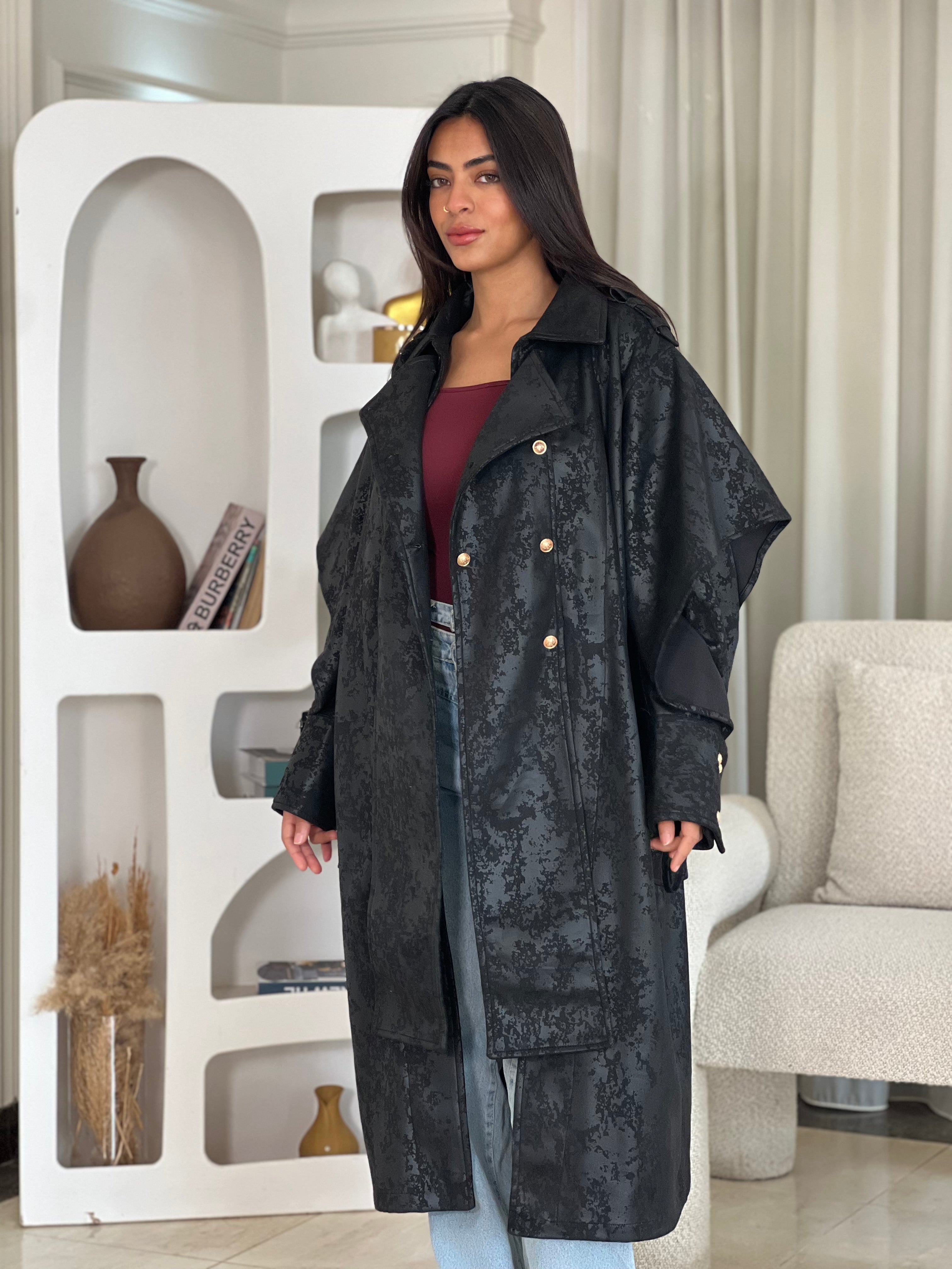 Oversized Elegant Long Drawstring Waist Double Breasted Front