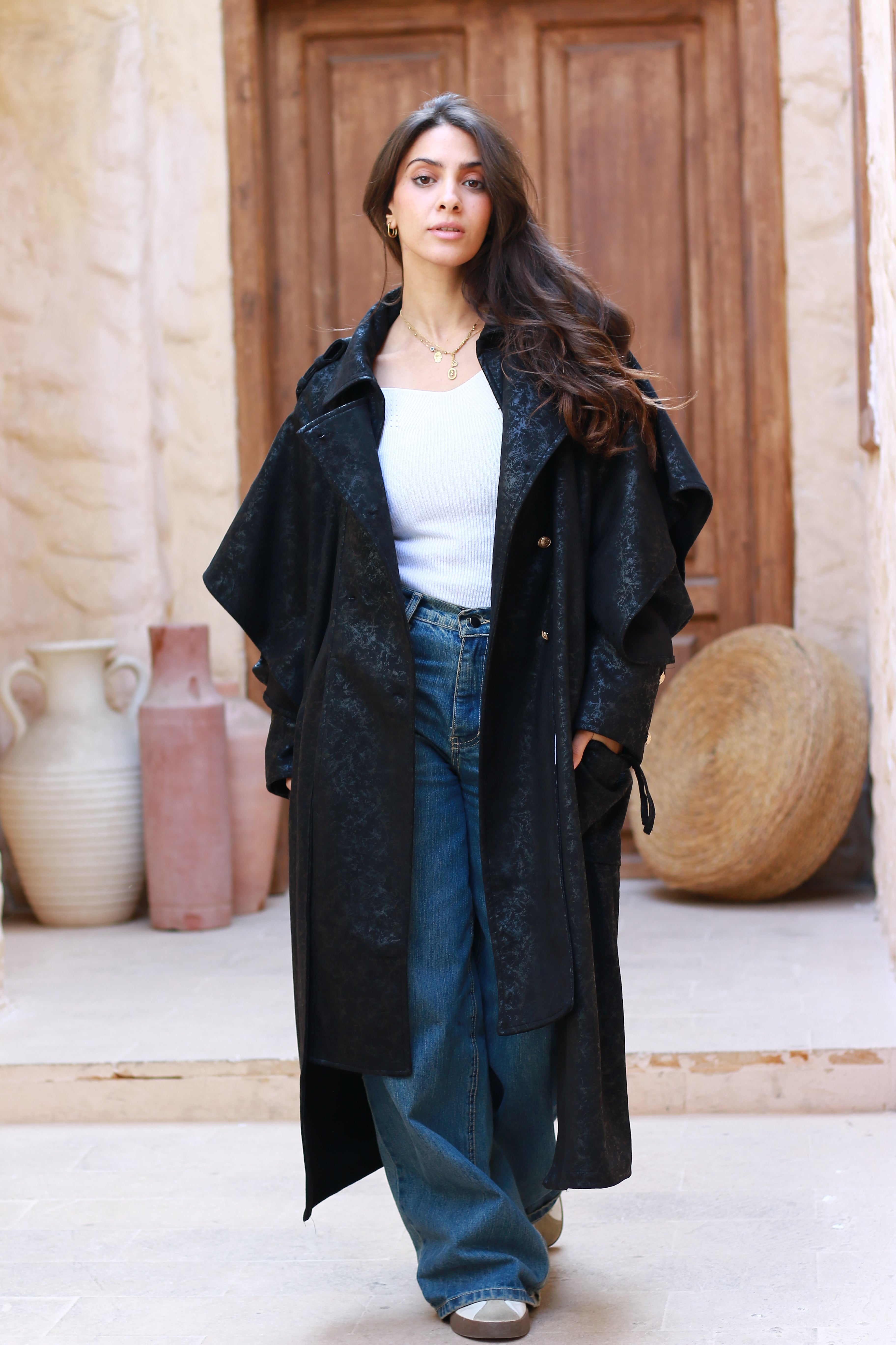 Oversized Elegant Long Drawstring Waist Double Breasted Front