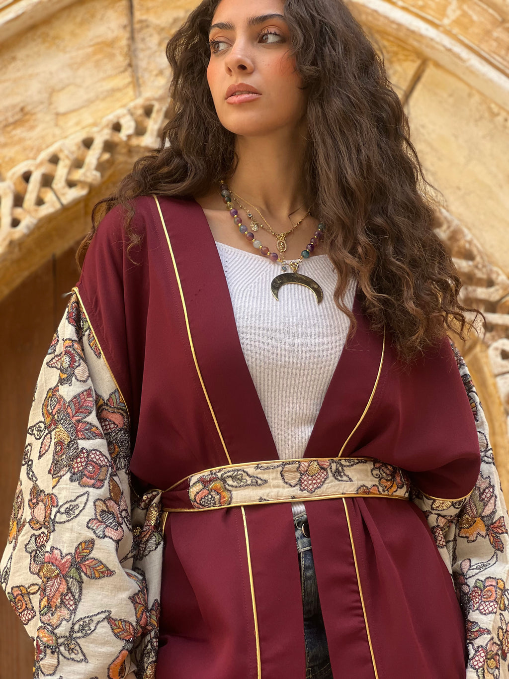 Burgundy Handmade Embroidered Kaftan ✨🌙