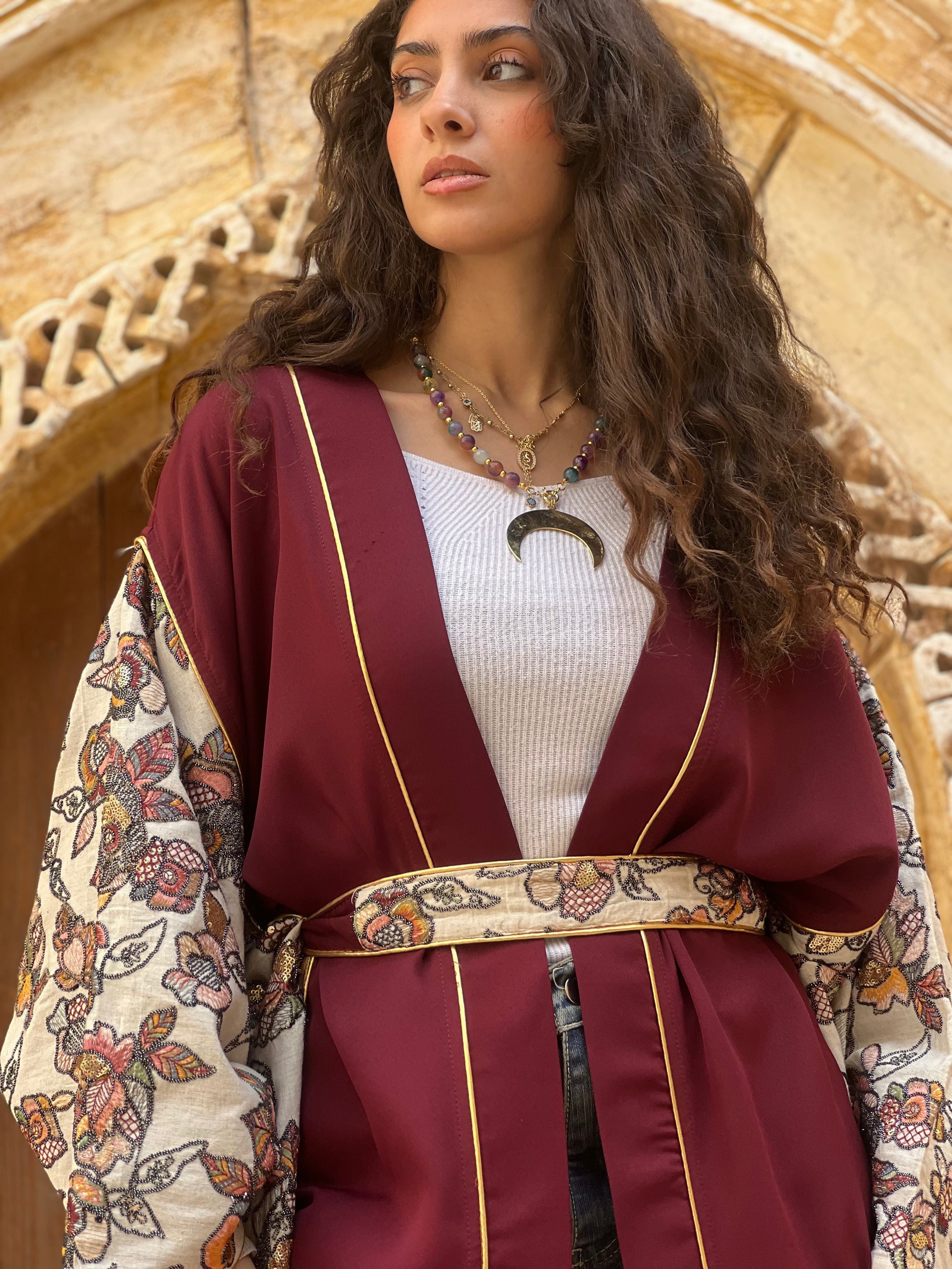 Burgundy Handmade Embroidered Kaftan ✨🌙