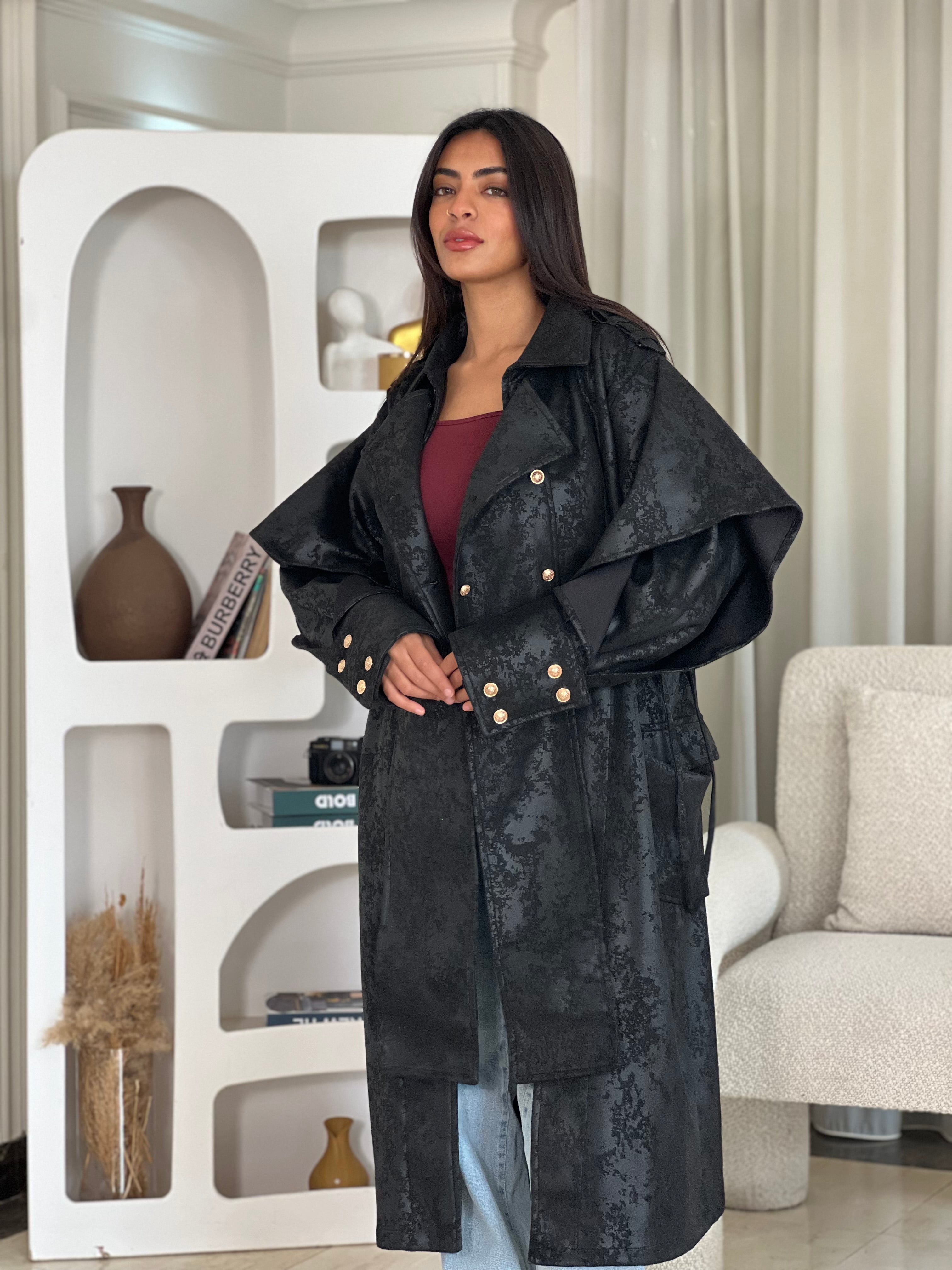 Oversized Elegant Long Drawstring Waist Double Breasted Front