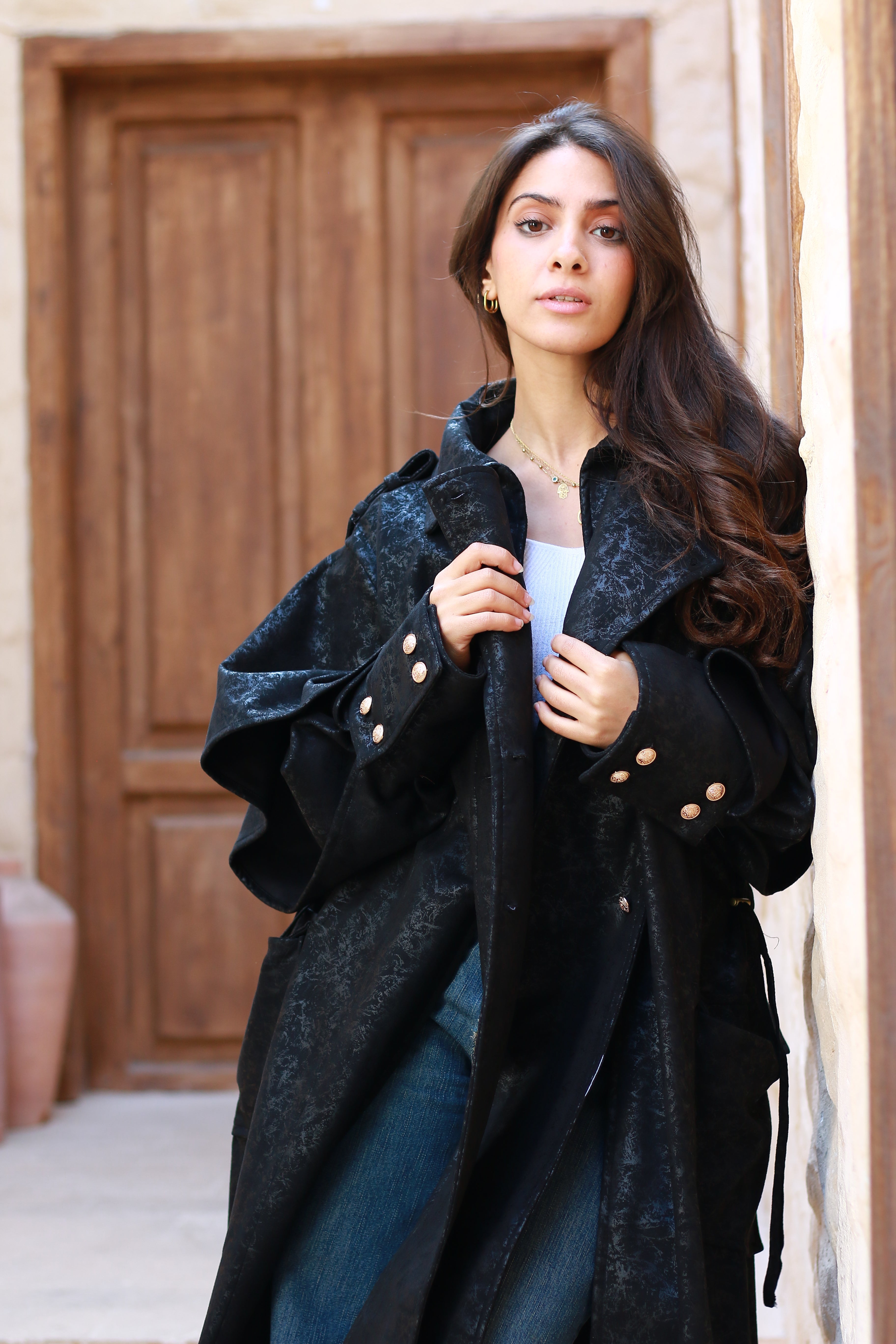 Oversized Elegant Long Drawstring Waist Double Breasted Front