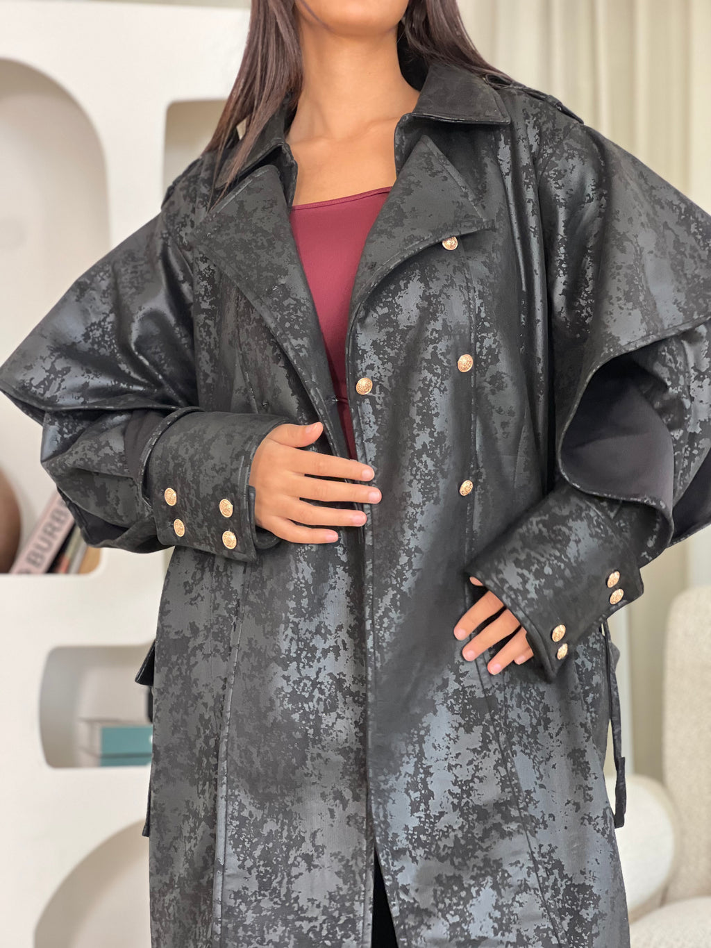 Oversized Elegant Long Drawstring Waist Double Breasted Front