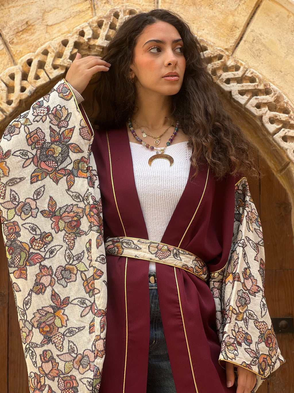 Burgundy Handmade Embroidered Kaftan ✨🌙