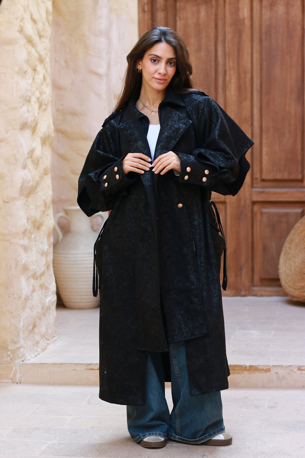 Oversized Elegant Long Drawstring Waist Double Breasted Front
