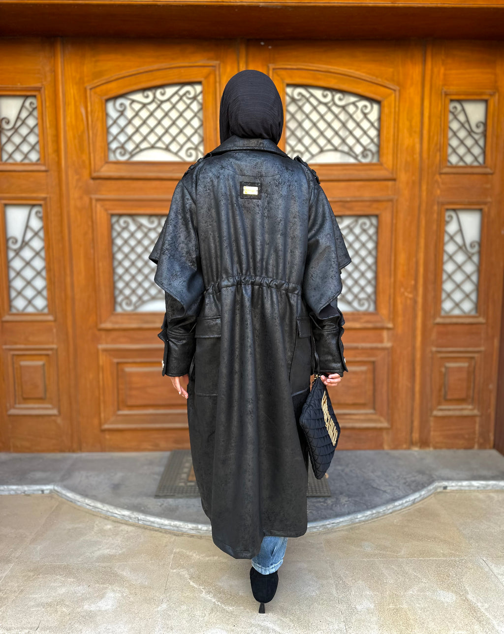Oversized Elegant Long Drawstring Waist Double Breasted Front
