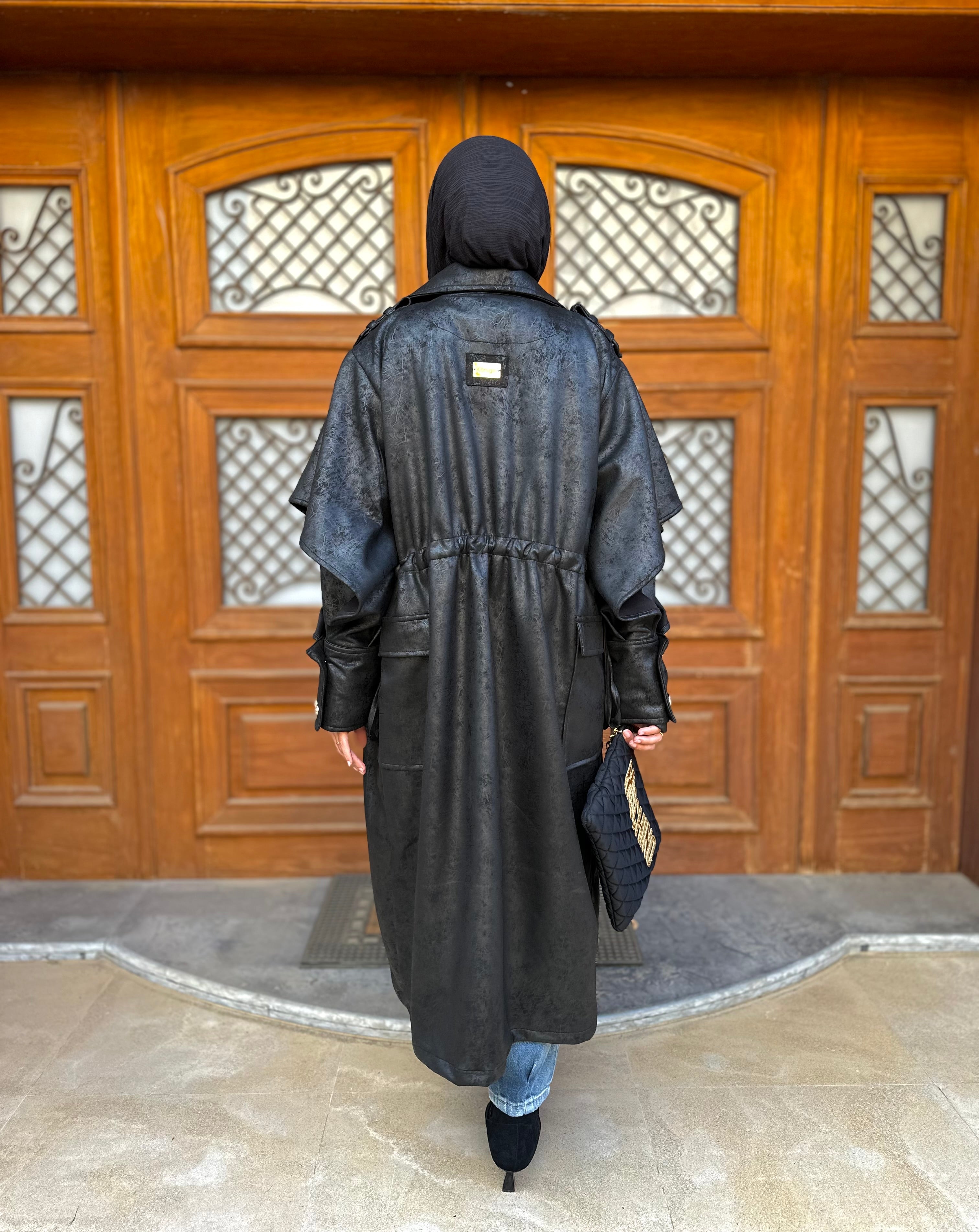 Oversized Elegant Long Drawstring Waist Double Breasted Front