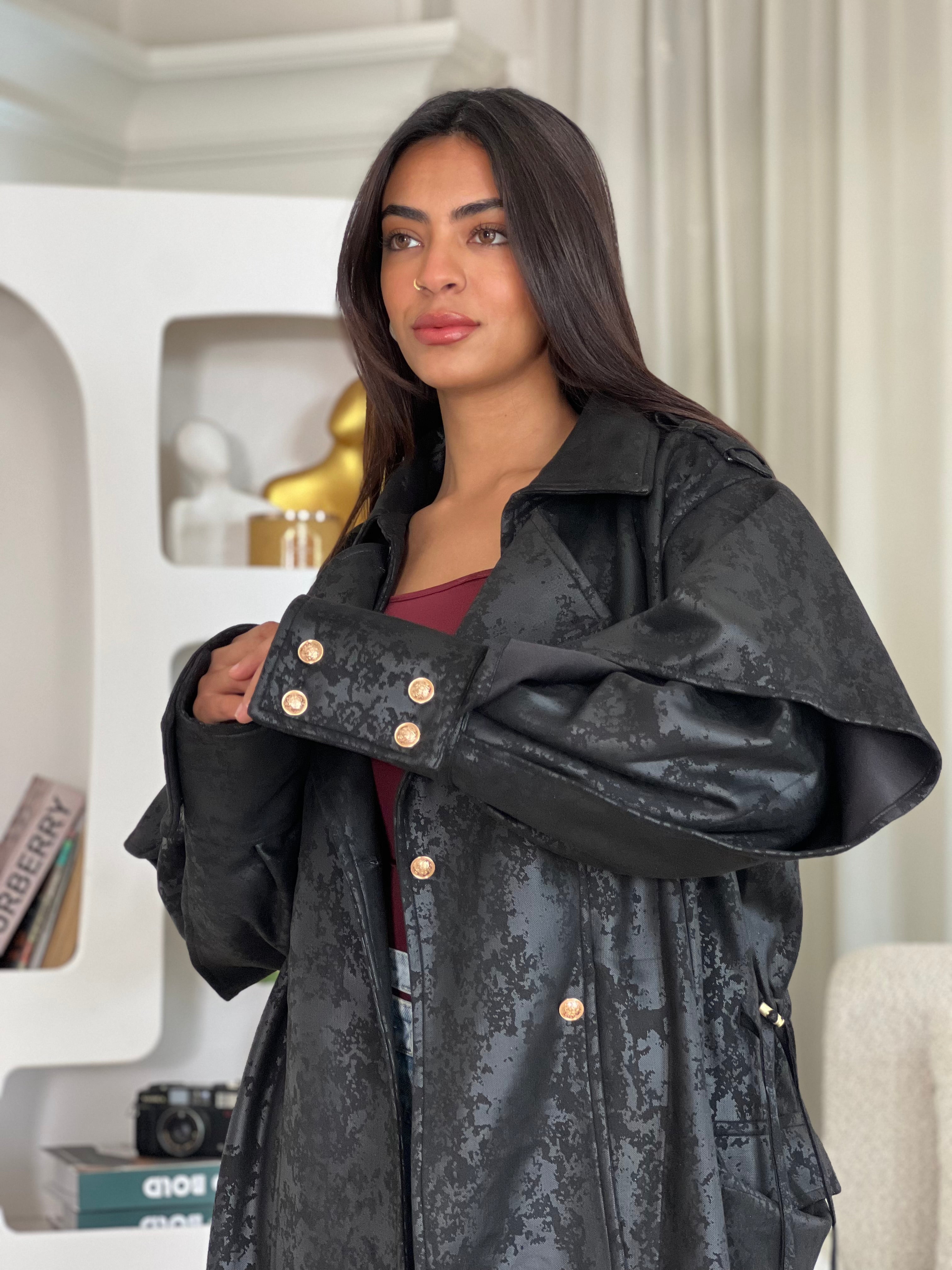 Oversized Elegant Long Drawstring Waist Double Breasted Front