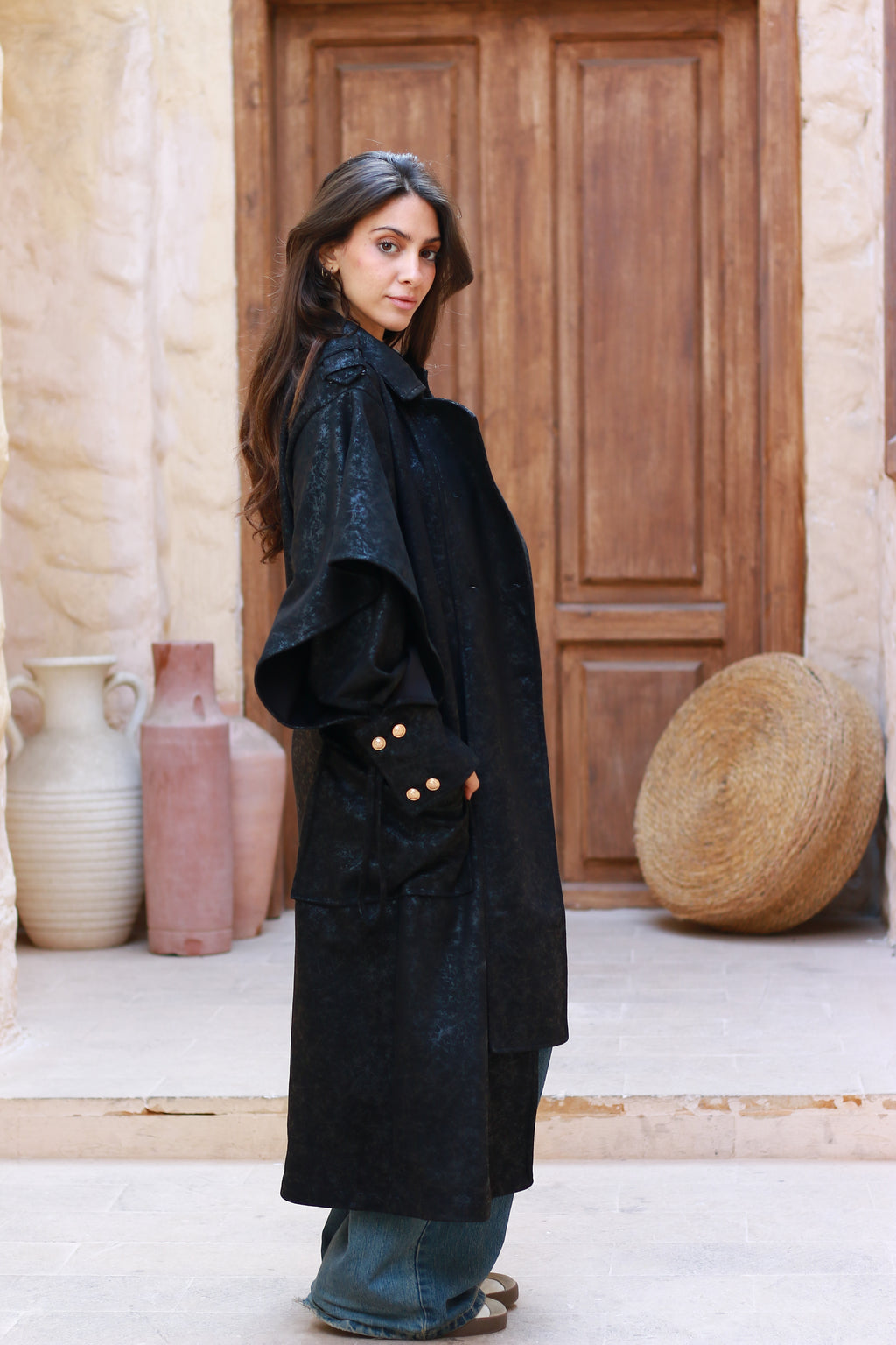 Oversized Elegant Long Drawstring Waist Double Breasted Front